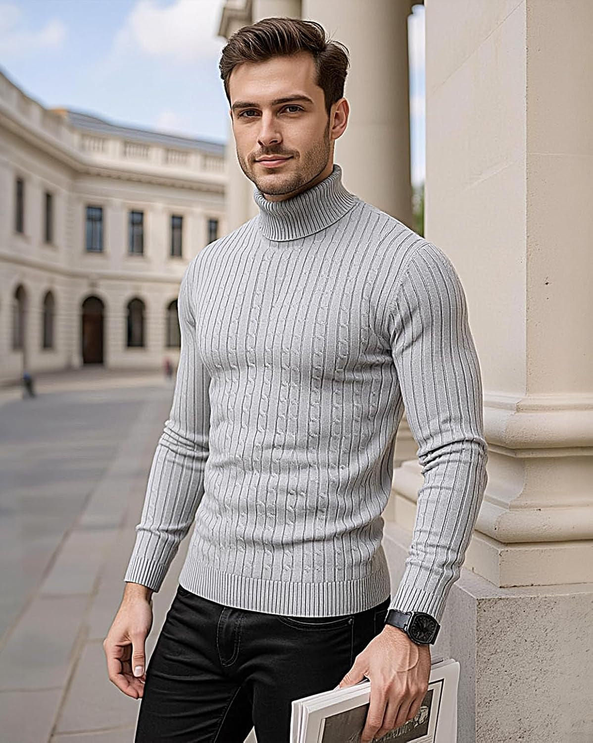 Mens Slim Fit Turtleneck Sweater Cable Knit Thermal Pullover Sweater