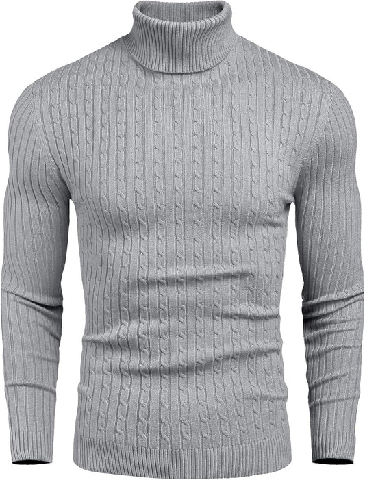 Mens Slim Fit Turtleneck Sweater Cable Knit Thermal Pullover Sweater